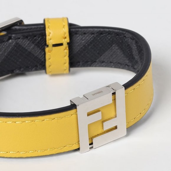 FENDI 'FF Metal Logo Reversible Bracelet' Men's Canvas & Leather M Gry/Ylw NWT! - Picture 9 of 16